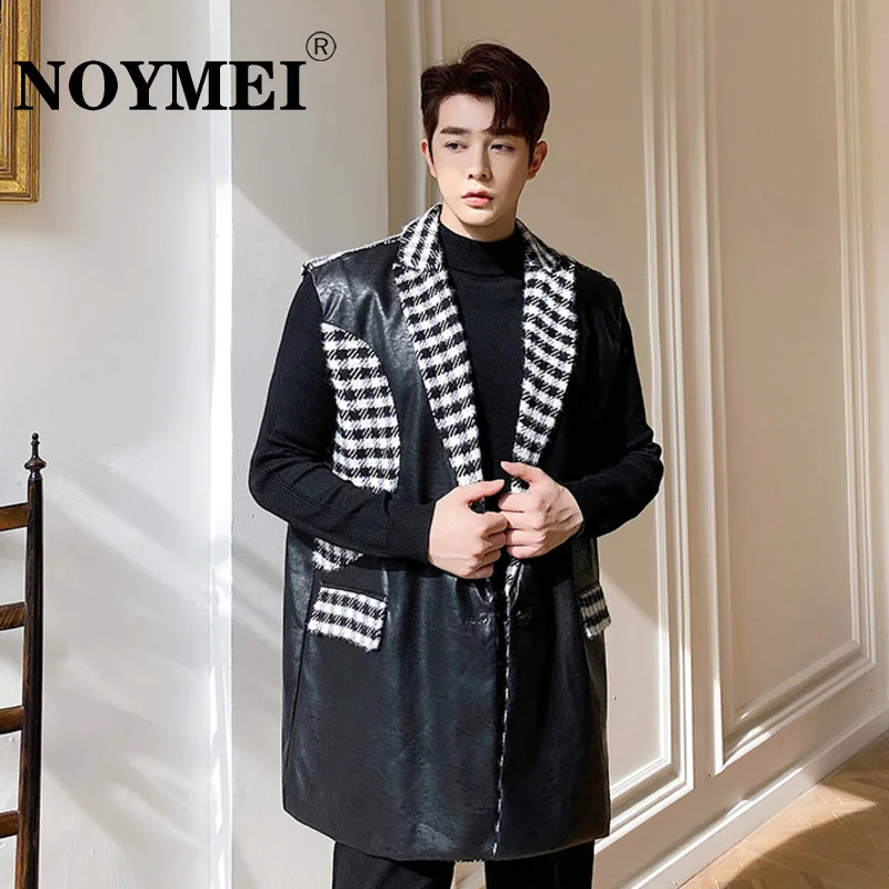 

NOYMEI Personalized Patchwork PU Vest Trendy Loose Pockets Korean Style All-match Single Breasted 2023 Autumn New Top WA