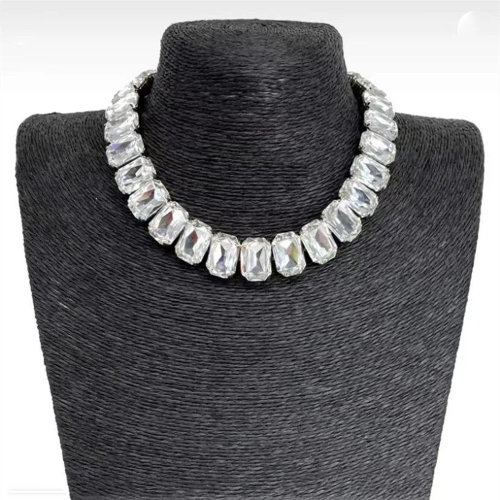 INS Handmade 6 Colors Glass Crystal Necklace Statement Pendant Collar for Women Rhinestone Large Square Choker |