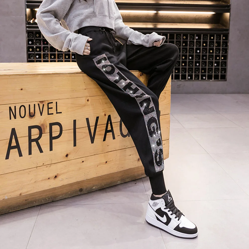 

Spring Sweatpants Womens Diamond Knitted Pants Casual Harlan Pants 2022 New Autumn High Waist Drawstring Loose Printed Pants