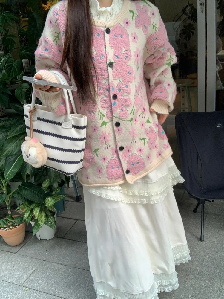 Вязаный свитер в Корейском стиле на зиму милые пуловеры с цветочным рисунком и