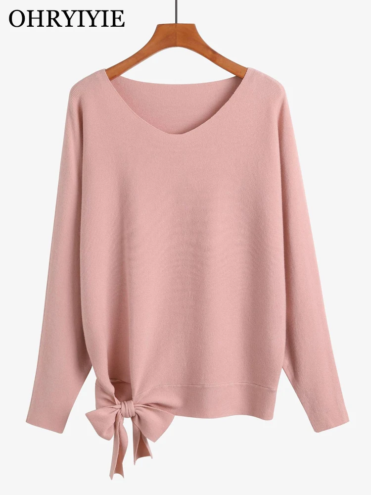 

OHRYIYIE 2023 Winter Sweater Pullovers Women Loose Long Sleeve Knitted Sweaters Female Beige V-neck Lacing Jumper Tops Lady