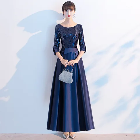Короткое вечернее платье темно-синего цвета до колена, официальные платья с рукавом