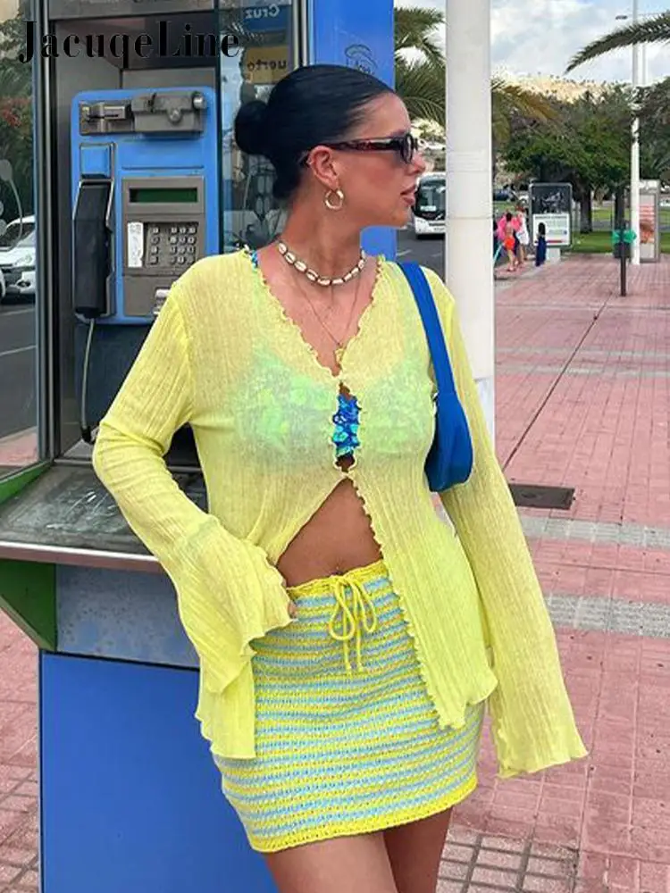 

Jacqueline Y2K Yellow Bodycon Mini Knit Skirts Set Women 2022 Summer Ruffles Long Sleeve See Through T Shirts and Striped Skirts