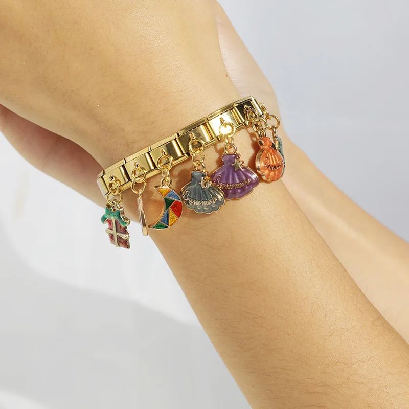 Hapiship Top New Original Daisy Gold skirt Moon Drop High-end Charm Fit 9mm Bracelet Stainless Steel Jewelry DIY Making DJ078 | Украшения и
