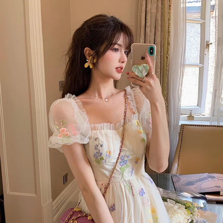 

Summer French Floral Mori Girl Dress Puff Sleeve Square Neck Elegant Dress Casual Daily Party Dresses Women 2022