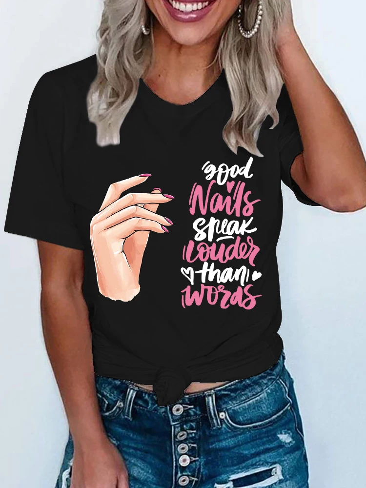 

Summer New Nail Print Tshirt Women Cute Black T-shirt Fashion Short Sleeve T Shirt Harajuku Casual Tops Female Clothing Tshirts