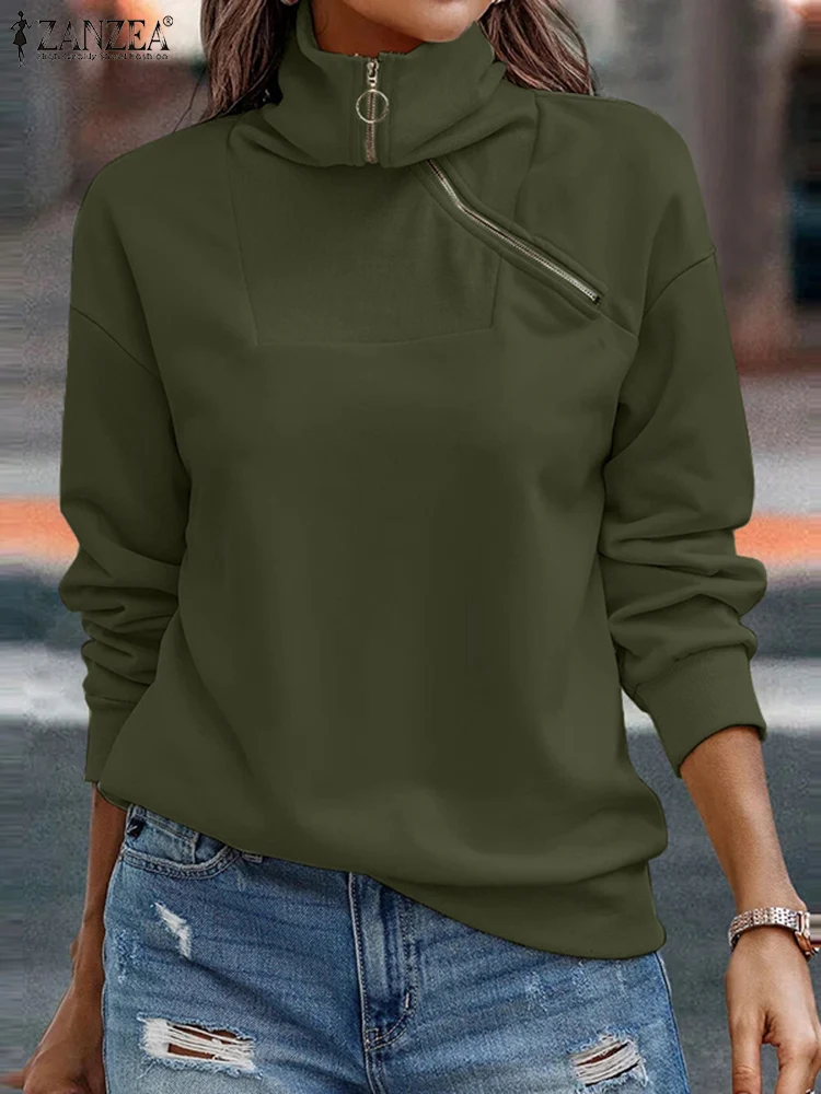 

2023 ZANZEA Spring Autumn Turtleneck Sweatshirts Fashion Casual Long Sleeve Hoodies Tops Work Blusas Women Solid Zipper Pullove