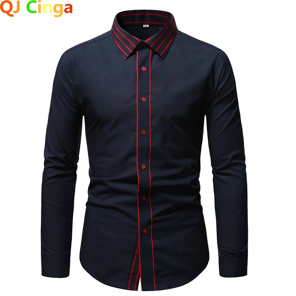 

Red Striped Long Sleeve Shirt Men's Single Breasted Lapel Men Cotton Shirt White Blue Business Casual Camisas Para Hombre
