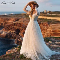 boho a line wedding dresses 2022 for women beach long sleeve backless bride dress lace appliques wedding gown vestido de noiva