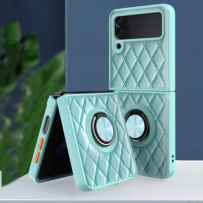 PU Leather Finger Ring Case for Samsung Galaxy Z Flip 3 5G Soft Silicone Armor Shockproof Holder Stand Magnetic Back Phone Cover