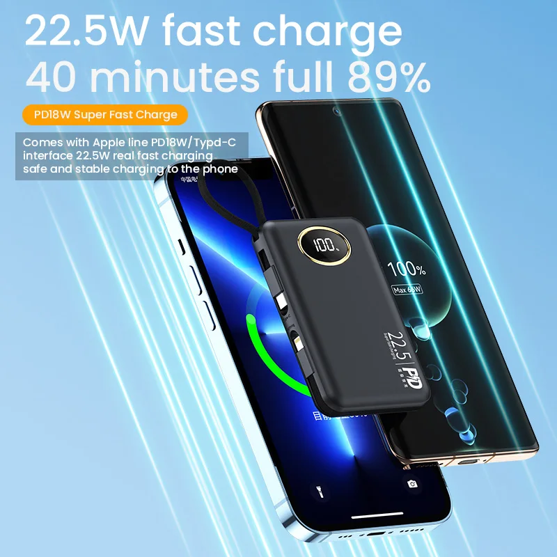 Портативный внешний аккумулятор большой емкости 20000 мАч с кабелем USB C 22 5 Вт