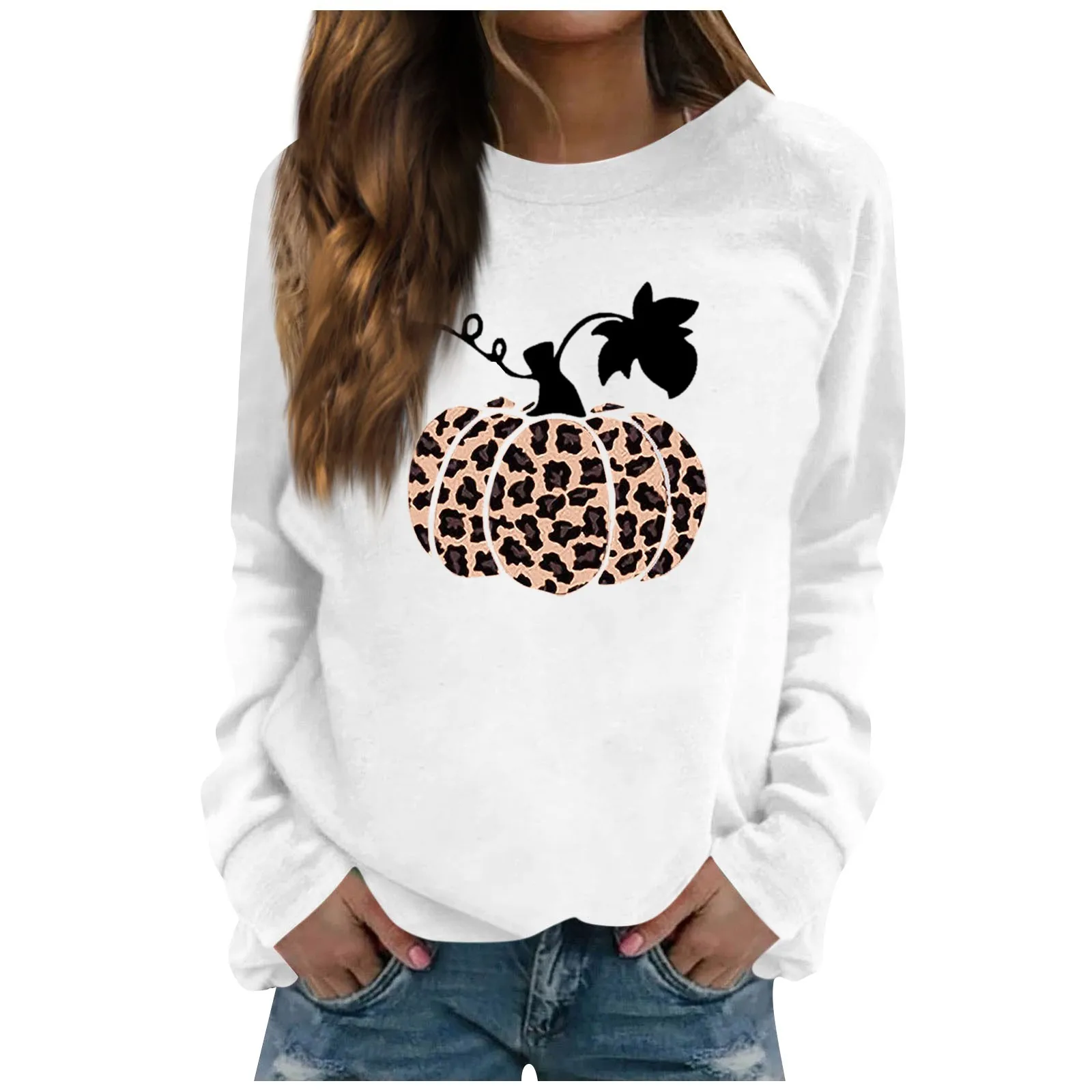 

Autumn T Shirt Women's Thanksgiving Print Sweatshirt Long Sleeved Round Neck Casual Top Leopard Pumpkin Print Pullover Female