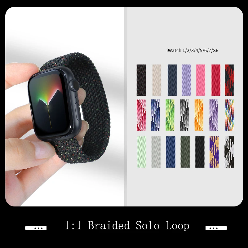 

1：1 solo loop For Apple watch 7 SE 6 5 4 3 2 band 45 41 44 40 42 38 mm Nylon braided Adjustable elastic strap for iwatch correa