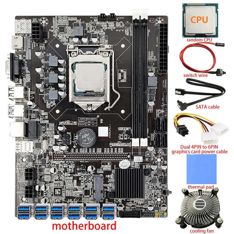 

12 Card B75 BTC Mining Motherboard+CPU+Fan+Thermal Pad+Power Cable+SATA/Switch Cable 12 USB3.0 LGA1155 DDR3 RAM SATA3.0