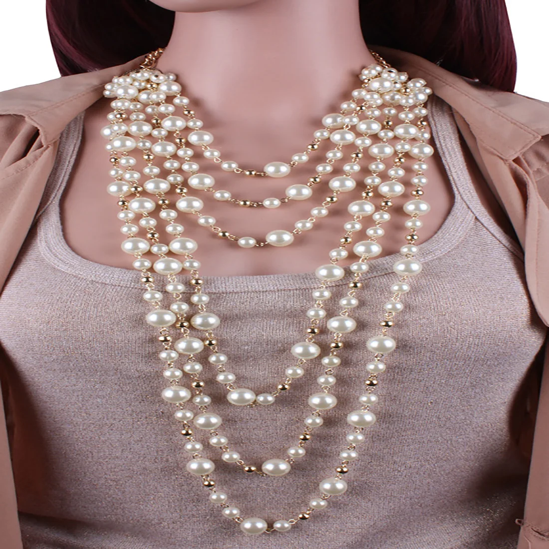 Vintage Multilayer Pearl Choker Necklace Earrings Set For Women Trend Clavicle Chain Sweater Necklace Wedding Bridal Jewelry