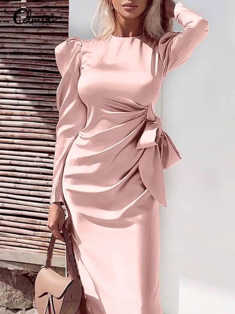 

Celmia Elegant Gigot Sleeve Midi Dress Fashion Party Hem Slit Robe Asymmetric Satin Evening Robes Women Bodycon Bandage Vestidos