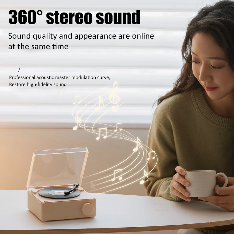 

Retro Wireless Speaker Bluetooth 5.0 Stereo Music Player Desktop Alarm Clock Vintage Record Shape Support TF Card/AUX Play
