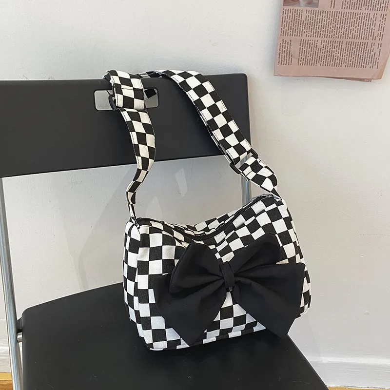 

Casual Plaid Shoulder Bag for Women Cute Bowknot Crossbody Fashion Bag Satchels Messenger Bag Female Handbag Totes Purse