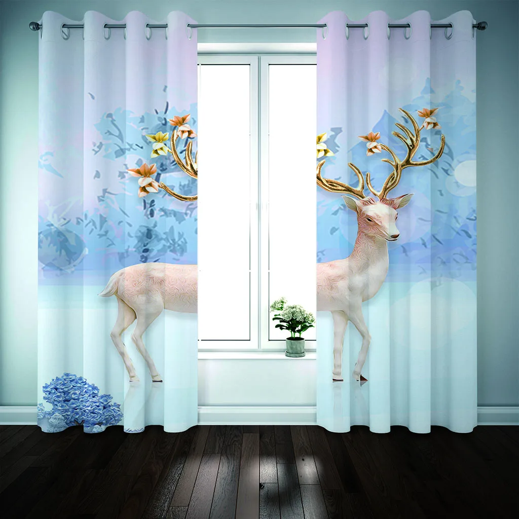 

Digital Printing Deer Curtains Semi-shading Sun-proof Polyester Curtain For Living Room And Bedroom