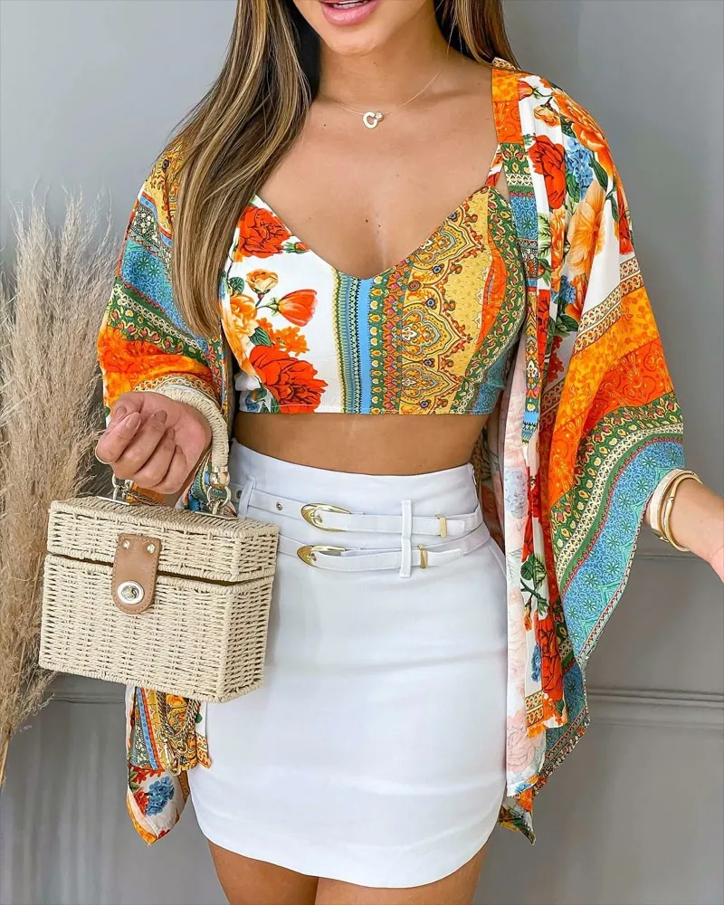 

Floral Tribal Print Crop Cami Top With Cardigan