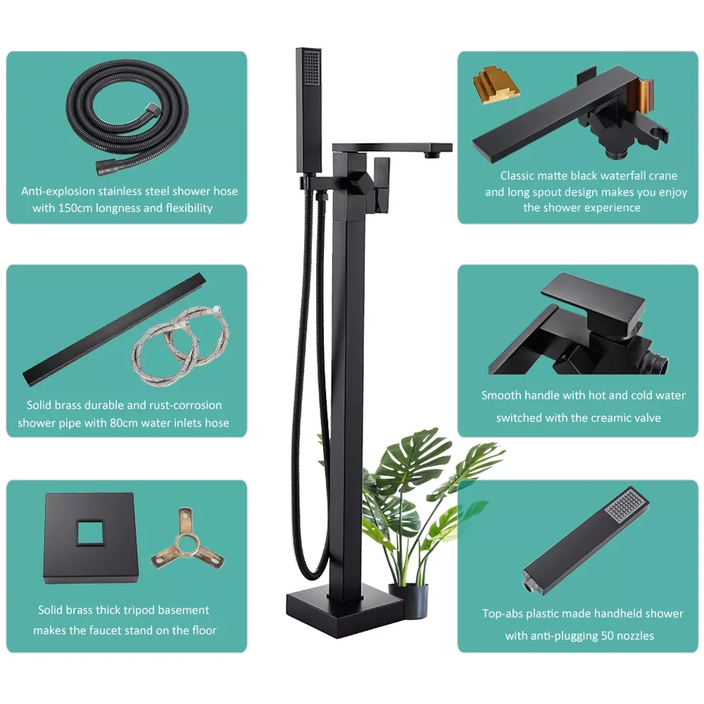 

Matte Black Square Bathtub Shower Faucets Floor Standing Faucet Hot Cold Water Shower Mixer Tap Bathroom Waterfall Mixer