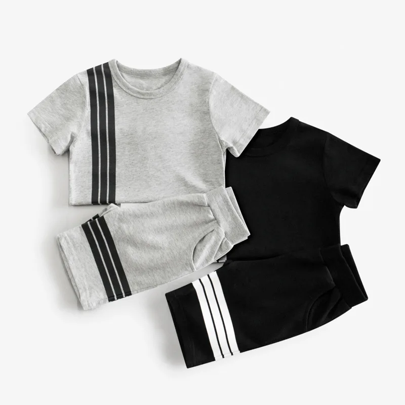 

2022 New Brand Children's Clothing Summer Sets for Boys Girls Casual Short Sleeve Stripe Cotton Tops and Shorts Sports Suits