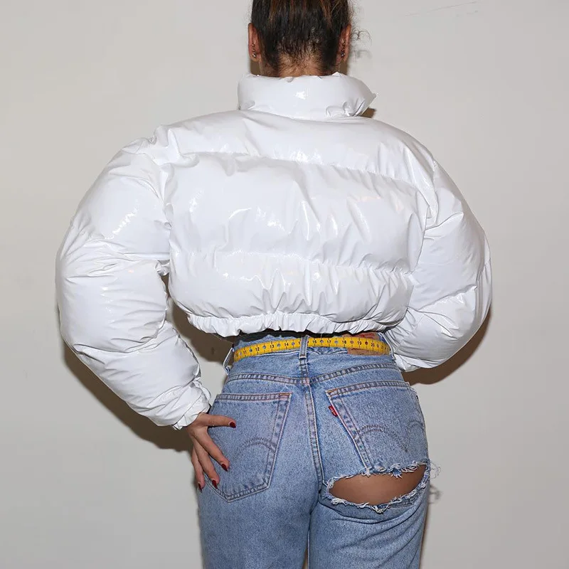 Faux PU Leather Y2K Bubble Puffer Winter Warm Jacket Women Coats Long Sleeve Outerwear Zipper Casual Slim Parkas 2022