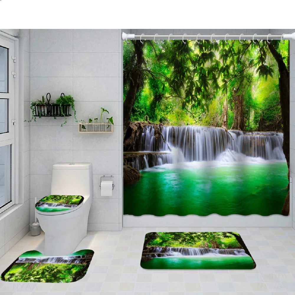 

Tropical Forest Waterfall Shower Curtain Set Non-Slip Rug Toilet Cover Bath Mat Nature Green Jungle Lake Scape Bath Curtains