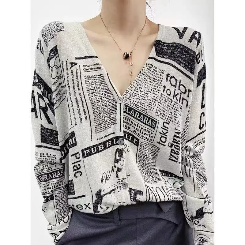 

Ladies 100%Wool Cardigan V-Neck Spring New Coat Thin Knit Large Size Pattern Shirt Fashion Sweater Loose Women's Cashmere Jacket
