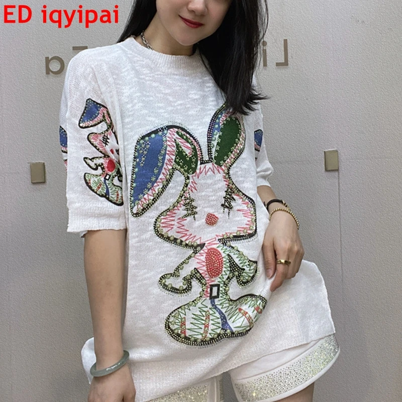 

ED iqyipai WomenT-shirt Summer Diamond Round Neck Short-sleeved Pullover Loose Mid-length Simple Fashion Top Women's Clothing