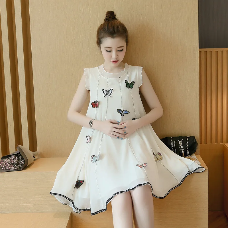 

White Pink Summer Maternity Dresses O-neck Sleeveless Pregnant Women Chiffon Dress Butterfly Pregnancy Clothes BB143s