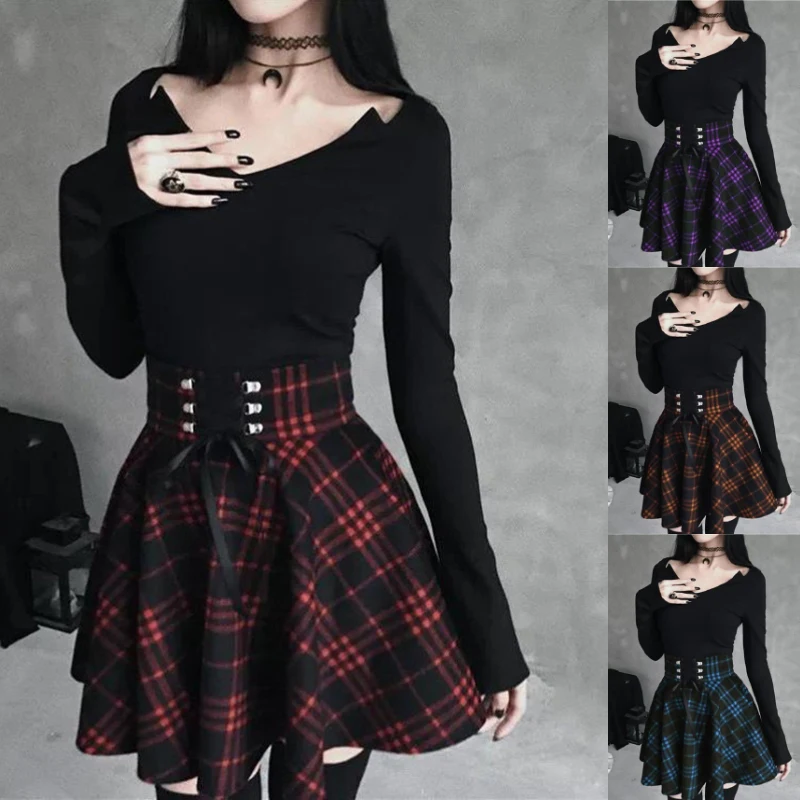 

Женская модная клетчатая юбка нестандартной формы, летнее короткое платье с завышенной талией, Сексуальная мини-юбка в готическом стиле, об...