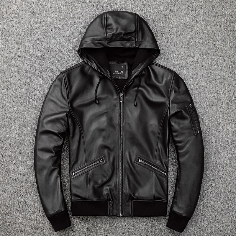 

Real Sheepskin Man Jacket Genuine Leather Jackets for Men Spring Autumn Fashion Hooded Black Men's Coat Veste Homme