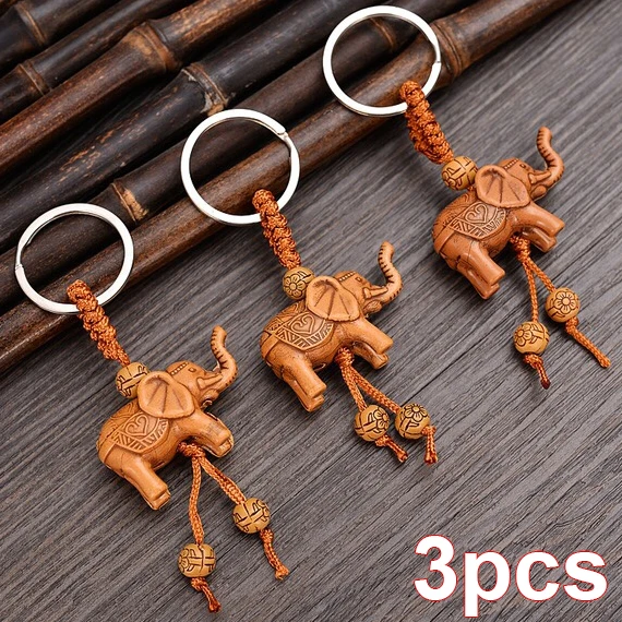 

Elephant Keychain Peach Wood Carving Riches Lucky Animal Key Chain Pendant Women Bags Pom Pom Charm Home Key Rings 1-3pcs