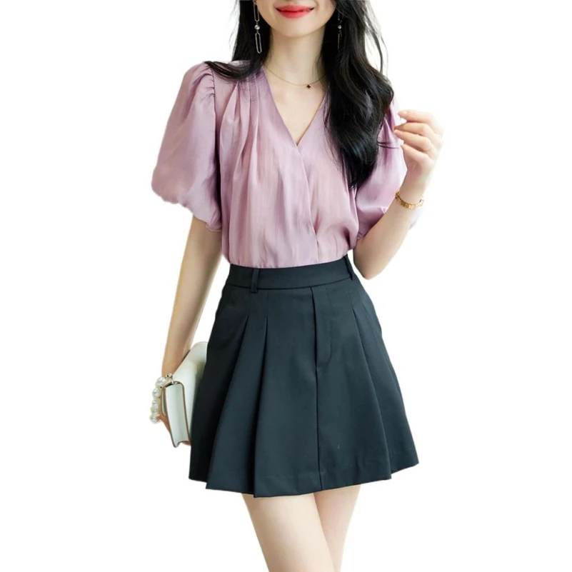 

Summer New Rayon V-Neck Crop Tops Puff Sleeves For Female Temperament Elegant Breathable Simplicity Solid Purple Shirts Blouses
