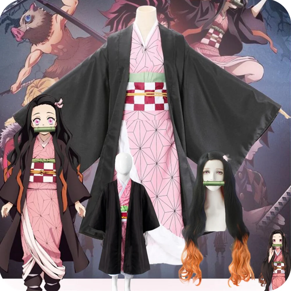 Anime Cosplay Demon Slayers Kimetsu no Yaiba Kamado Nezuko Kimono Costume Women Adult Kids Clothes