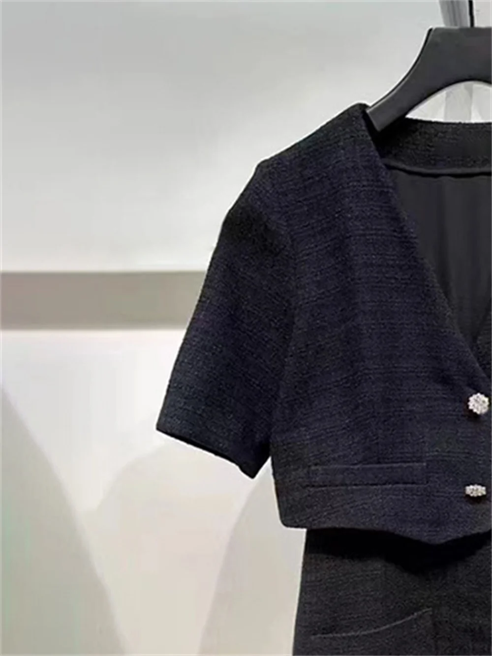 

Women Mini Robe Houndstooth Tweed Fake Two Pieces Short Sleeve Dress