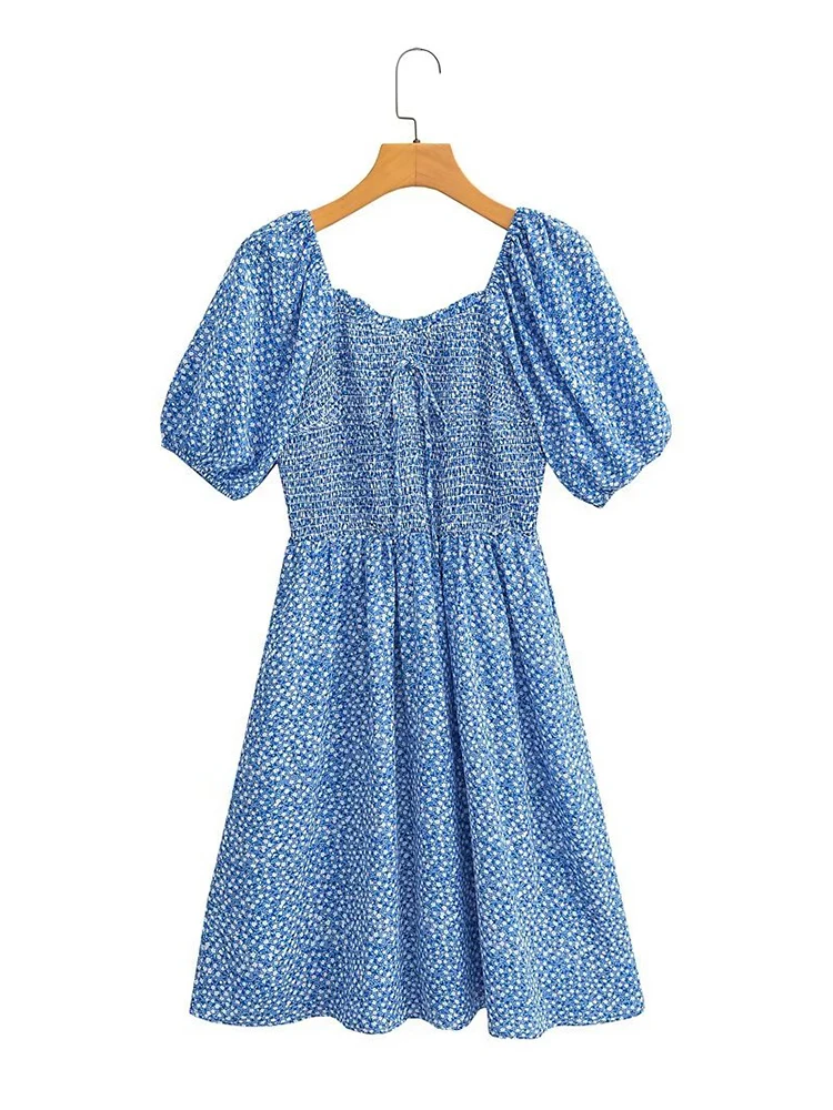 

Женское летнее платье с цветочным принтом, голубое короткое платье с рукавом фонарик, праздничный Халат