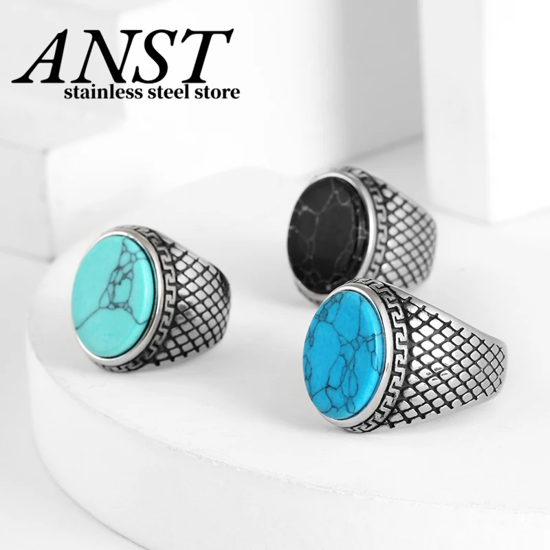 

Stainless Steel Wholesale Retro Jewelry turquoise Stone Rings For Men Titanium Steel Inlaid Three Colors Men Ring Boyfriend Gift