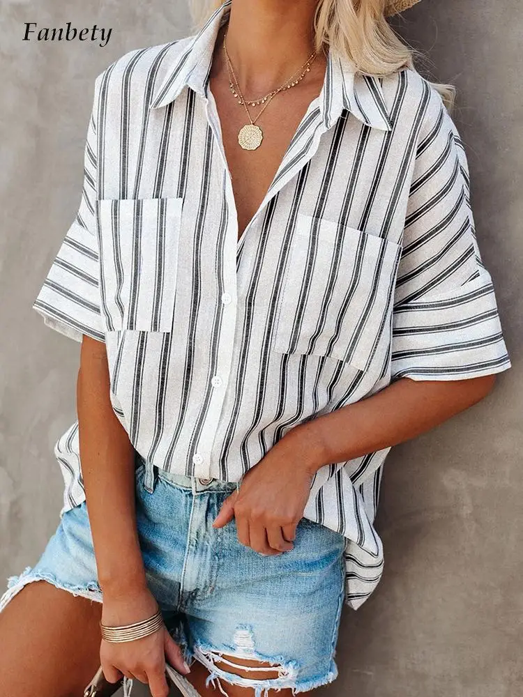 

Office Lady Casual Turn down Collar Commute Loose Blouse Summer Elegant Buttons Cardigan Shirts Women Loose Striped Print Blusa