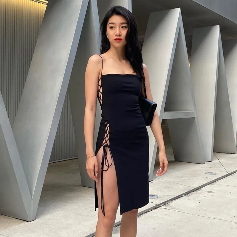 Hollow Out Lace Up Sleeveless Backless Solid Party Dresses Sexy Clubwear Short Vestidos Woman Clothing