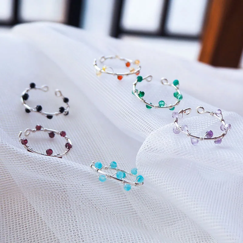 

Natural Crystal Stone Beaded Rings Women Anxiety Spinner Adjustable Vines Rings Silver Metal Wire Weave Bead Rings Jewelry Gift