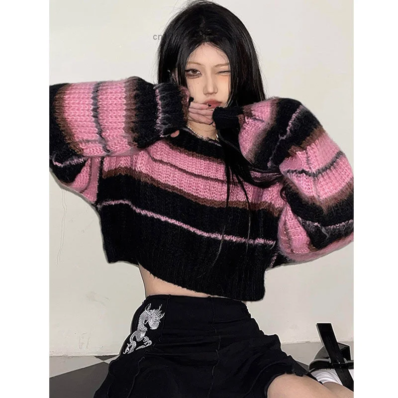 

2022 Spring New Design Sense Short Sweet Sweater Pink Stripe Knitwear Y2k Spice Girl Style Wide Truffle Shoulder Top For Women