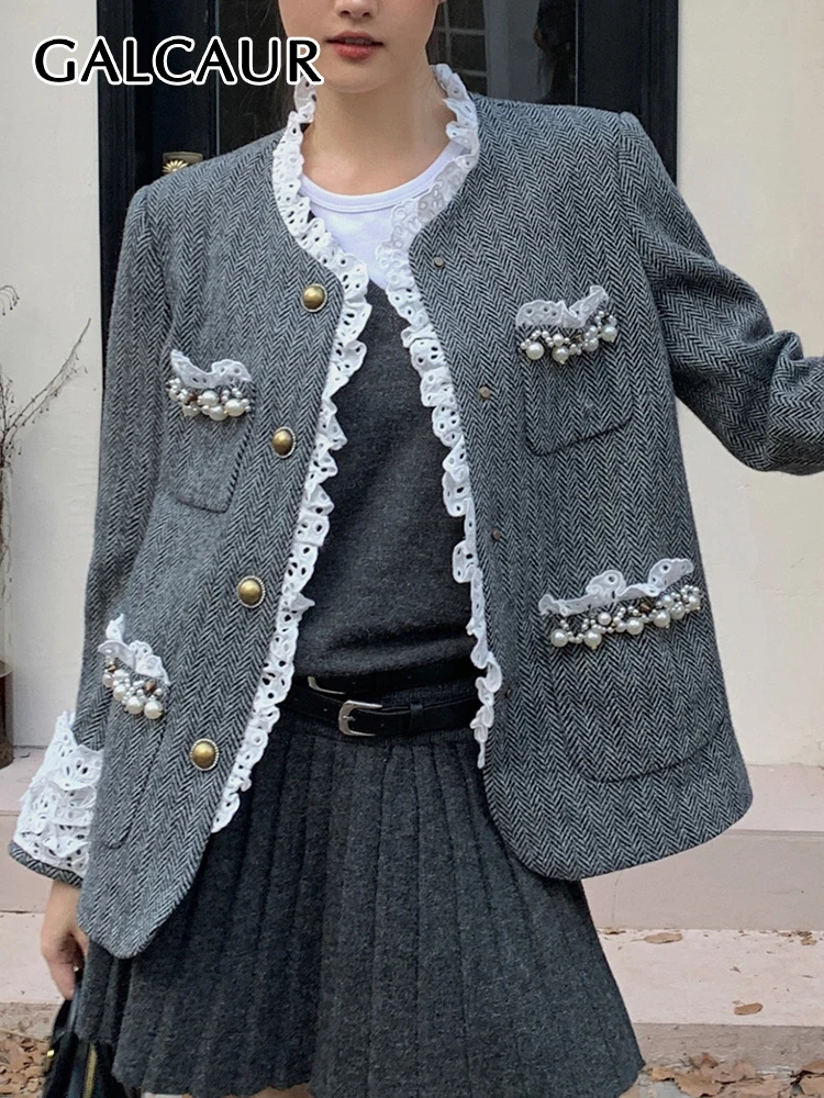 

GALCAUR Elegant Patchwork Pearls Coats For Women Round Neck Long Sleeve Spliced Lace Hit Color Loose Coat Female Autumn Clothing