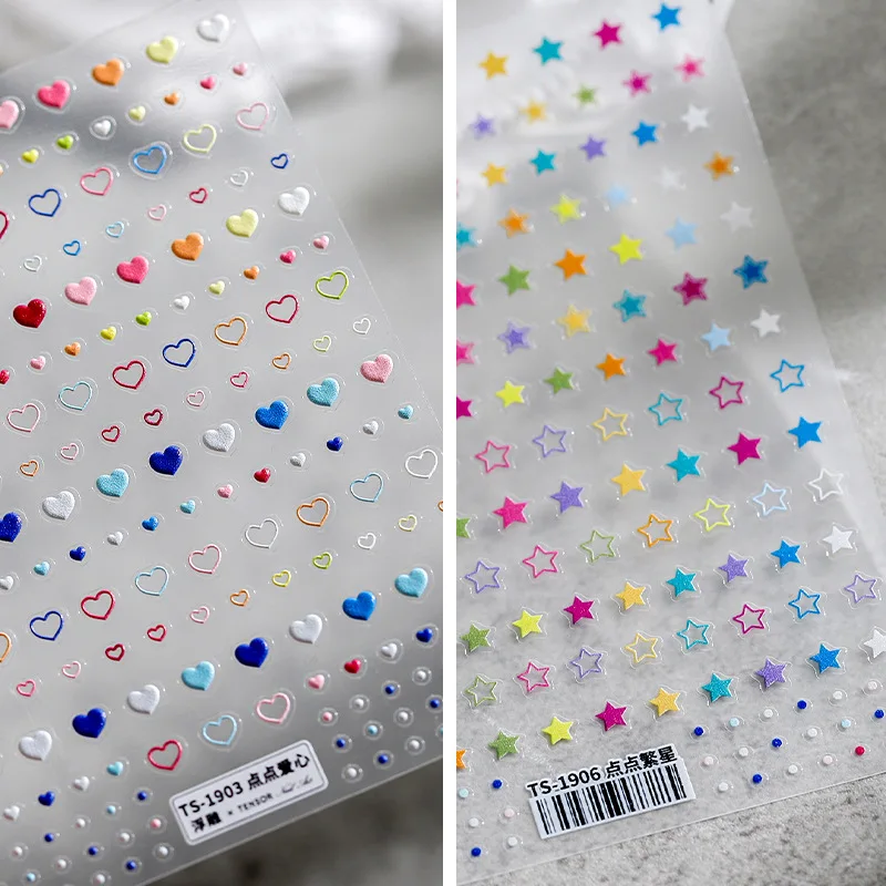 1 Sheet 3D Realistic Relief Mix Multi-colors Love Heart Stars Dot Adhesive Nail Art Stickers Decals Manicure Charms Accessories