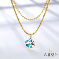 asonsteel gold color stainless steel mixed color rubiks cube accessory multi layer chains pandent necklace for women jewelry