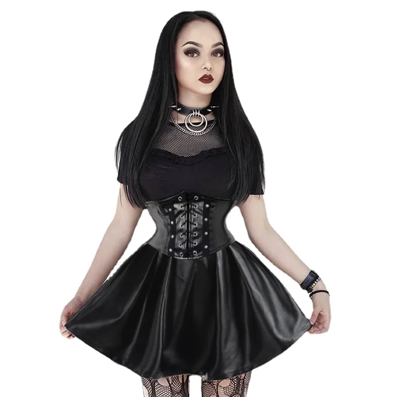 

Korean Fashion Women Skirts Gothic Harajuku Bandage Faux Leather Black Mini Pleated Skirts Summer Party Pu Skirts