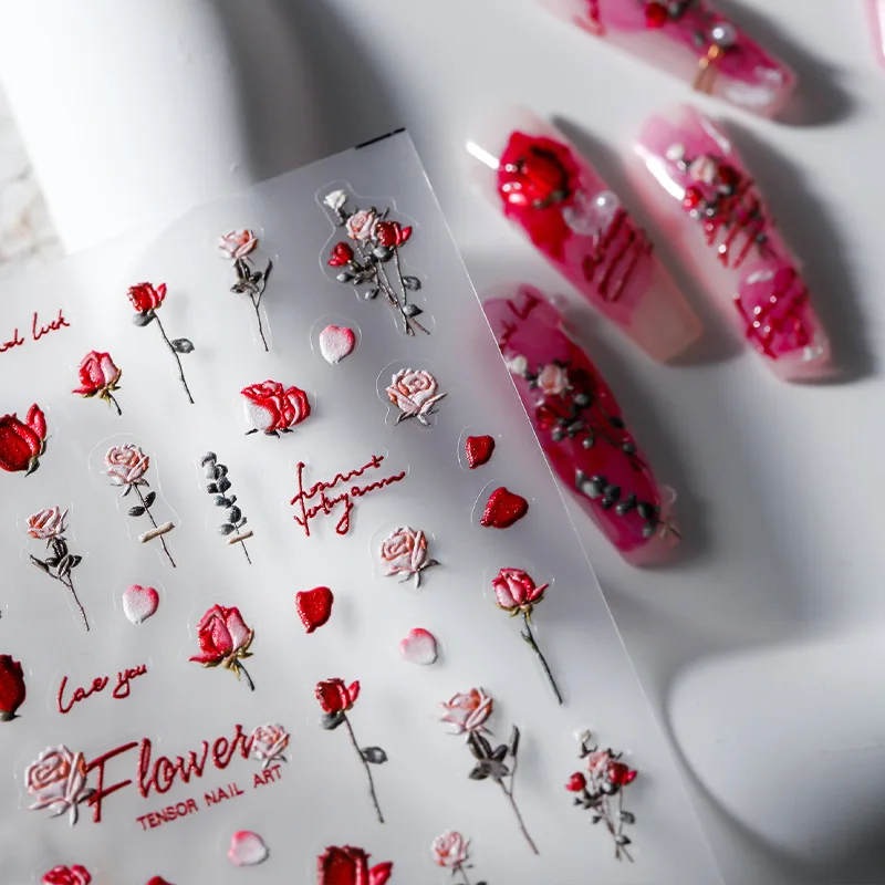 

Acrylic Engraved Nail Sticker Red Rose Flowers Heart Desgin Self-Adhesive Nail Transfer Sliders Wraps Manicures Foils Z0658