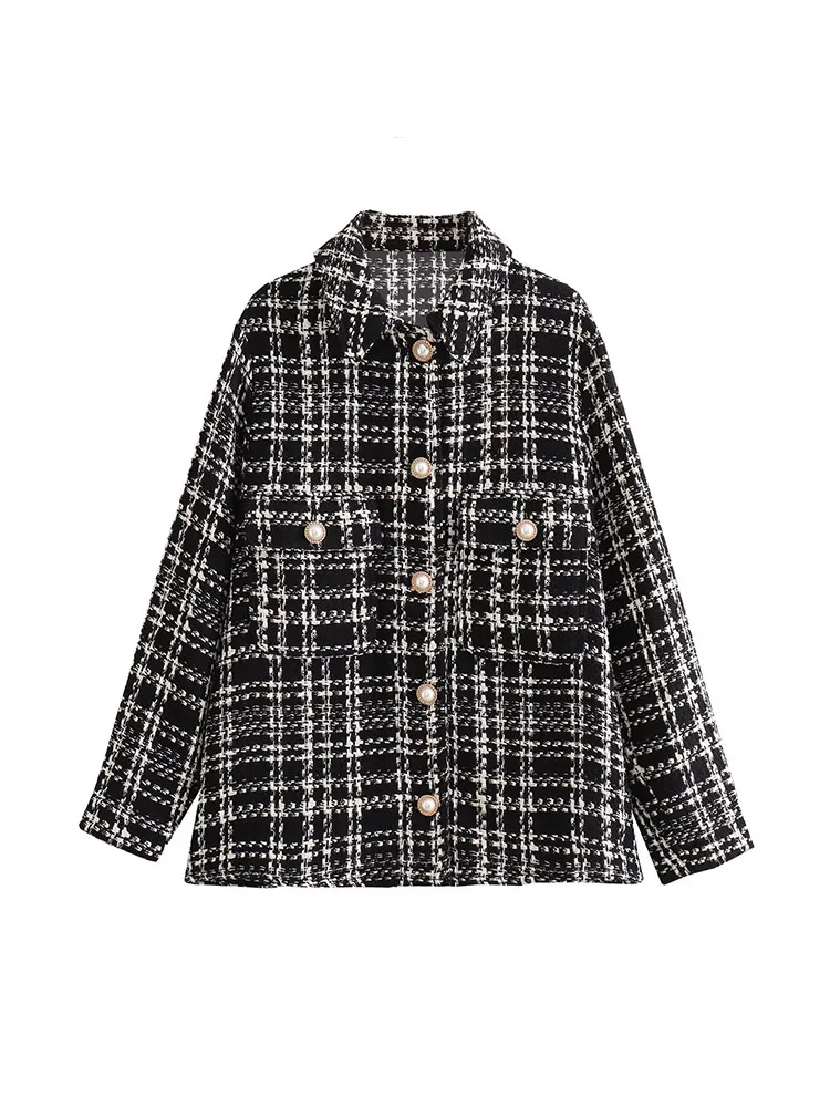 

PB&ZA Women New Fashion Check Textured Blouses Coat Vintage Long Sleeve Button Pocket Casual Female Outerwear Chic Overshirt