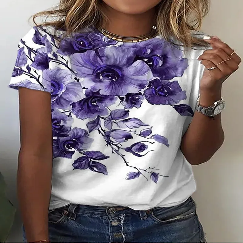 

2022 T-shirt 3d Printing Summer Short-sleeved Round Neck Fashion Loose XXS-6XL High Street Flower Theme women's top